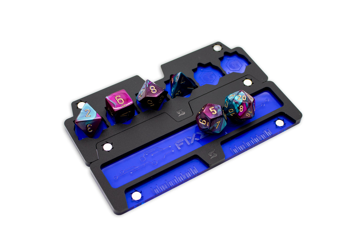 Cyberpunk TCG Fixer and Gig Dice Tray – Modular Magnetic Holders (Matte Black, Blue Acrylic)