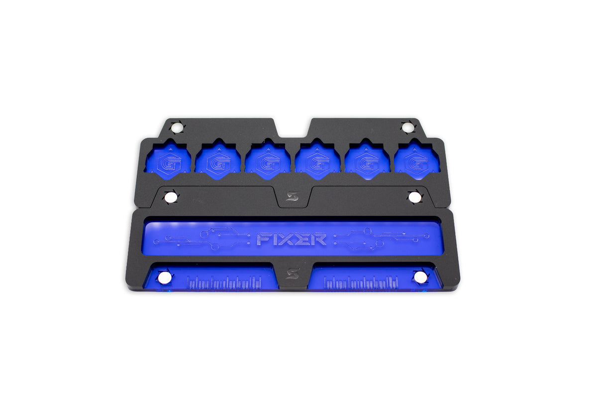 Cyberpunk TCG Fixer and Gig Dice Tray – Modular Magnetic Holders (Matte Black, Blue Acrylic)