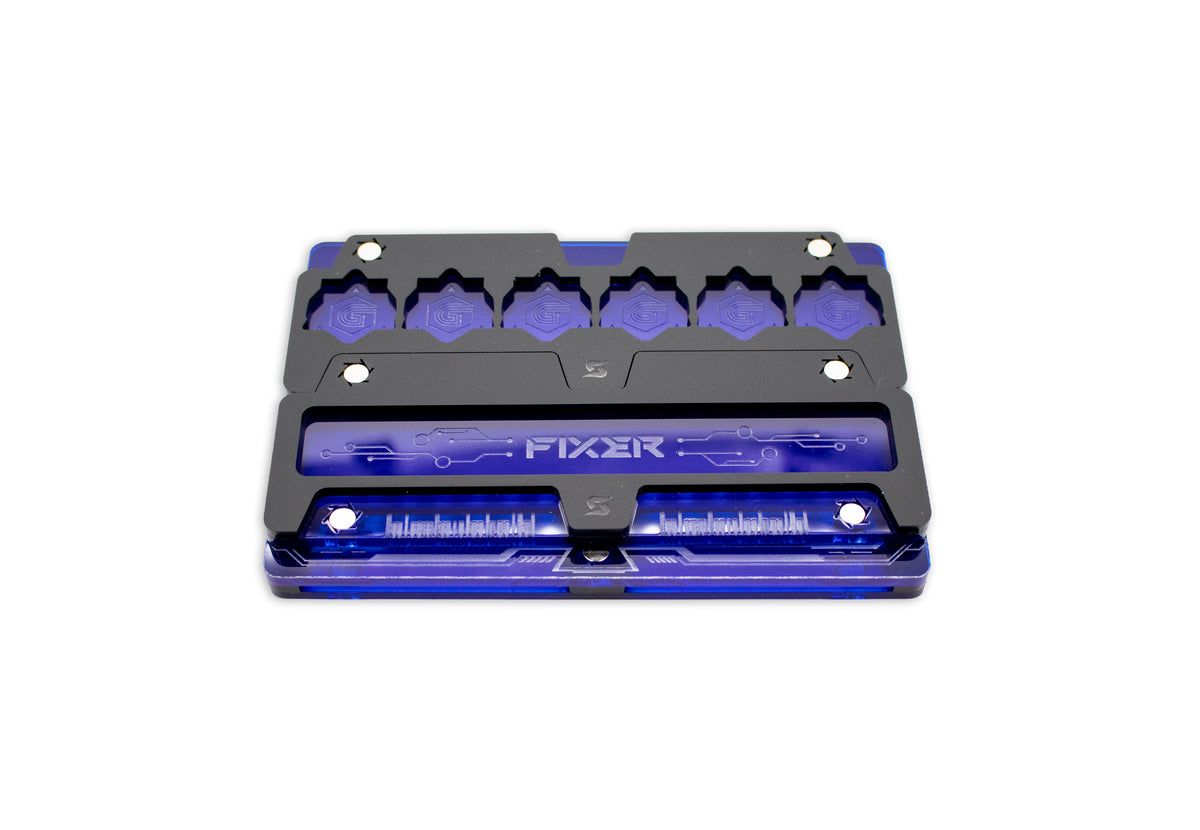 Cyberpunk TCG Fixer and Gig Dice Tray – Modular Magnetic Holders (Matte Black, Blue Acrylic)