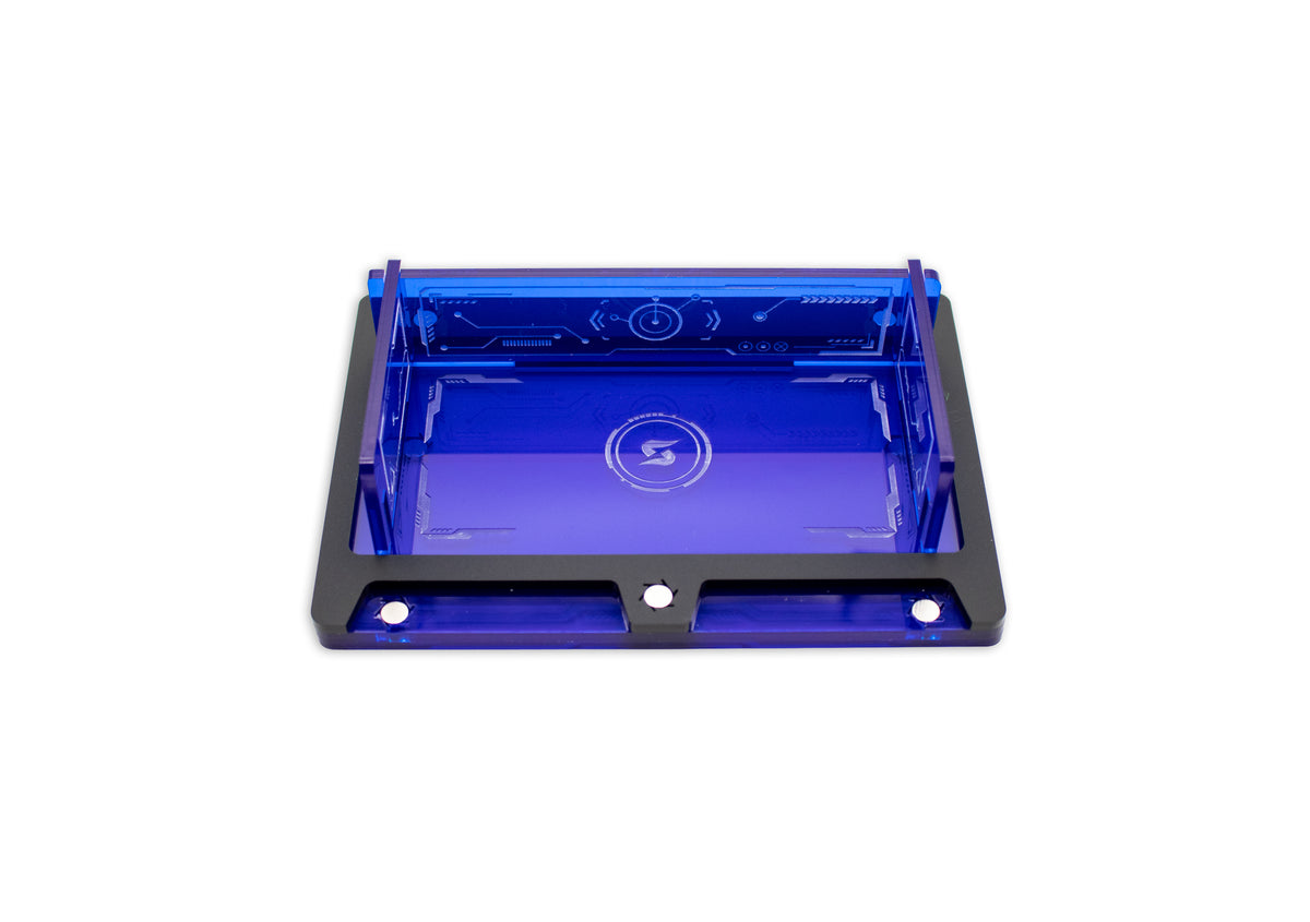 Cyberpunk TCG Fixer and Gig Dice Tray – Modular Magnetic Holders (Matte Black, Blue Acrylic)
