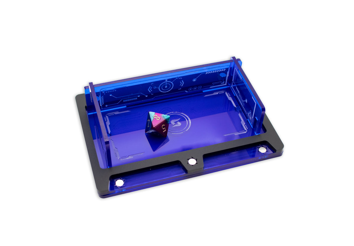 Cyberpunk TCG Fixer and Gig Dice Tray – Modular Magnetic Holders (Matte Black, Blue Acrylic)