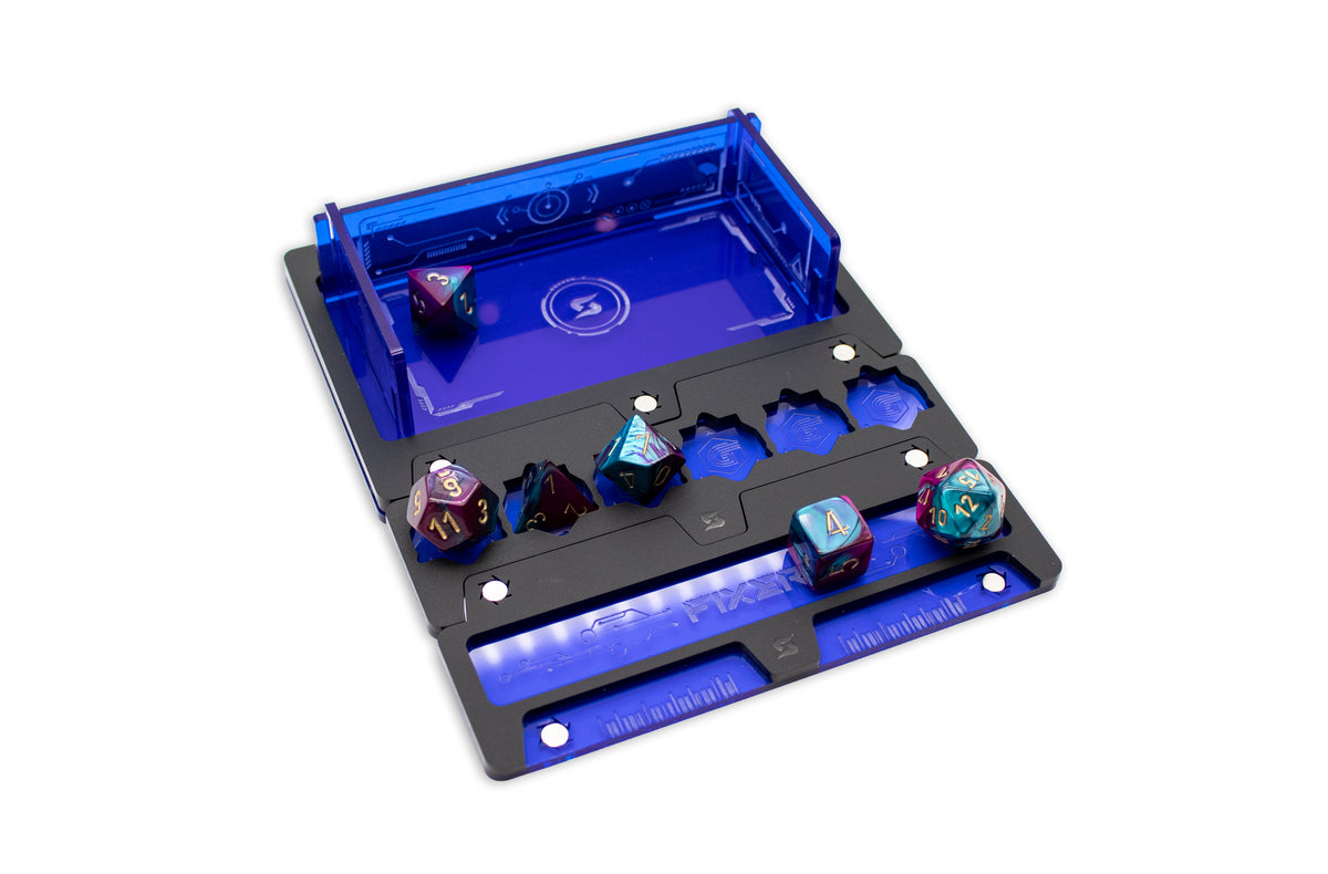 Cyberpunk TCG Fixer and Gig Dice Tray – Modular Magnetic Holders (Matte Black, Blue Acrylic)