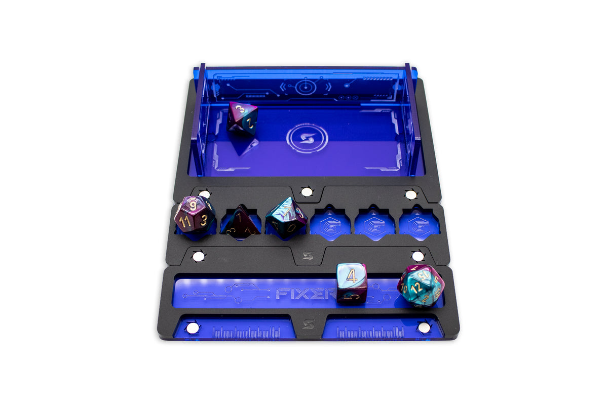 Cyberpunk TCG Fixer and Gig Dice Tray – Modular Magnetic Holders (Matte Black, Blue Acrylic)