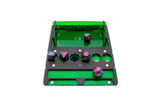 Cyberpunk TCG Fixer and Gig Dice Tray – Modular Magnetic Holders (Matte Black, Green Acrylic)