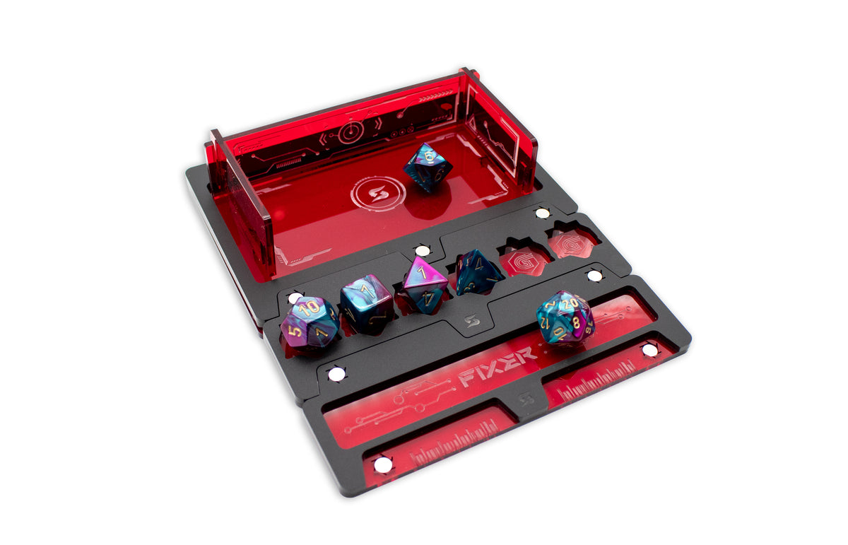 Cyberpunk TCG Fixer and Gig Dice Tray – Modular Magnetic Holders (Matte Black, Red Acrylic)