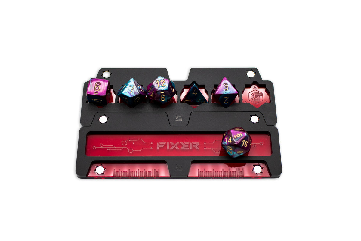Cyberpunk TCG Fixer and Gig Dice Tray – Modular Magnetic Holders (Matte Black, Red Acrylic)