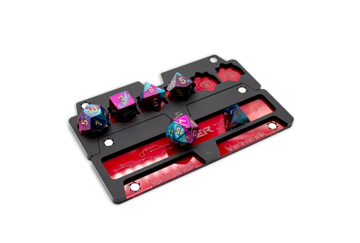 Cyberpunk TCG Fixer and Gig Dice Tray – Modular Magnetic Holders (Matte Black, Red Acrylic)