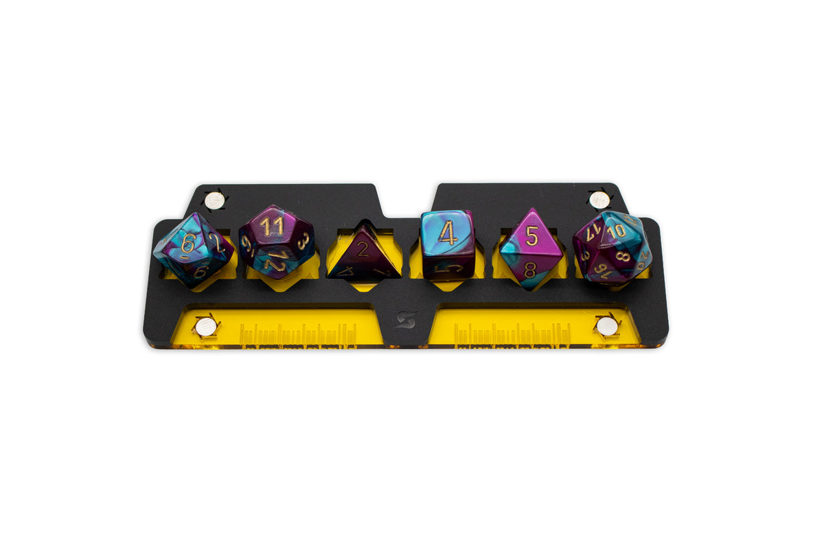 Cyberpunk TCG Fixer Dice Tray – Modular Magnetic Holders (Matte Black, Yellow Acrylic)