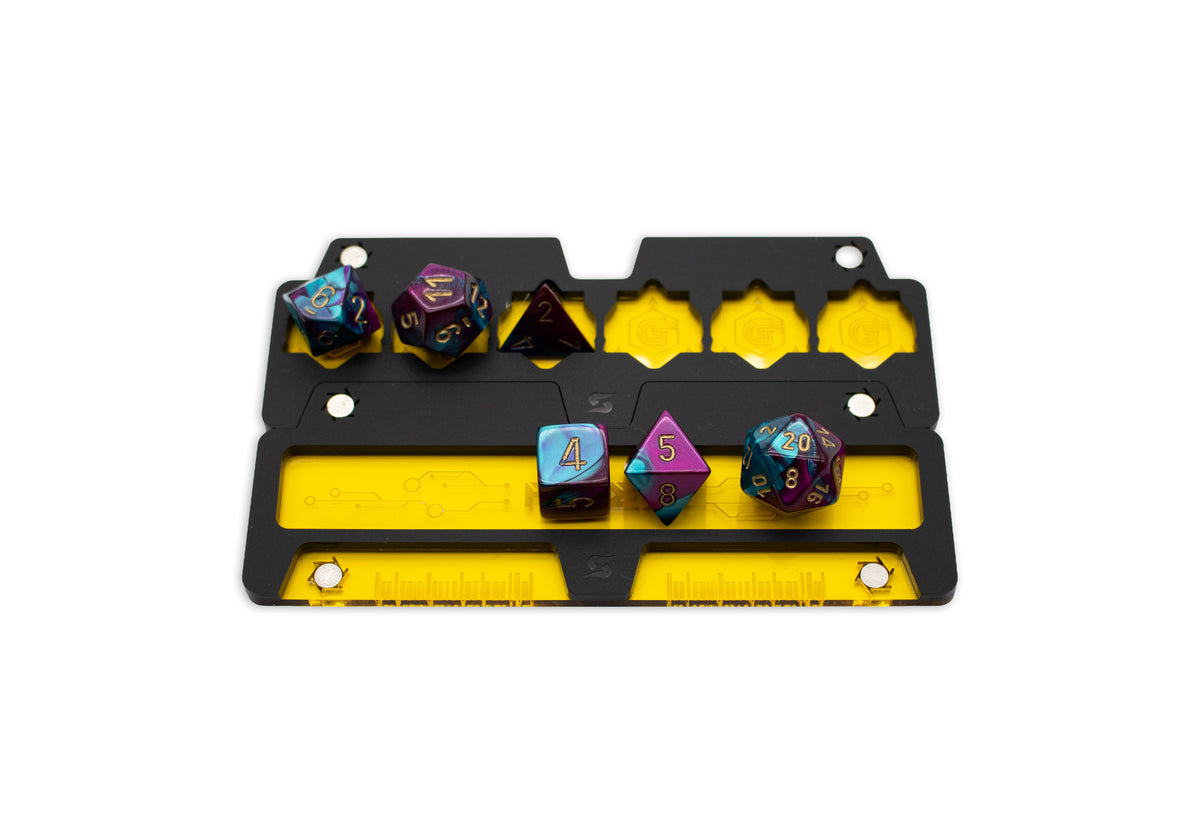 Cyberpunk TCG Fixer Dice Tray – Modular Magnetic Holders (Matte Black, Yellow Acrylic)
