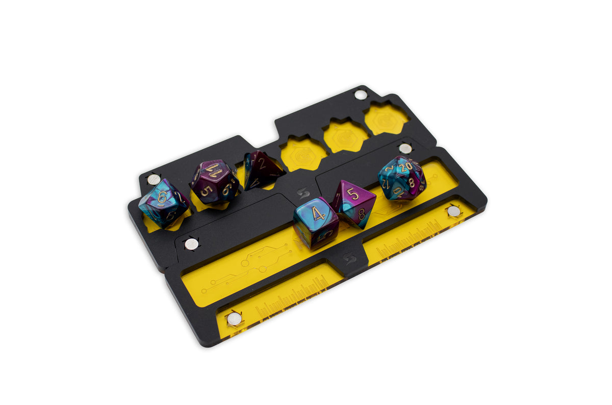 Cyberpunk TCG Fixer Dice Tray – Modular Magnetic Holders (Matte Black, Yellow Acrylic)