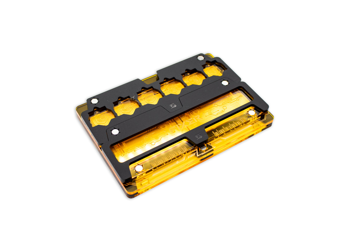 Cyberpunk TCG Fixer Dice Tray – Modular Magnetic Holders (Matte Black, Yellow Acrylic)