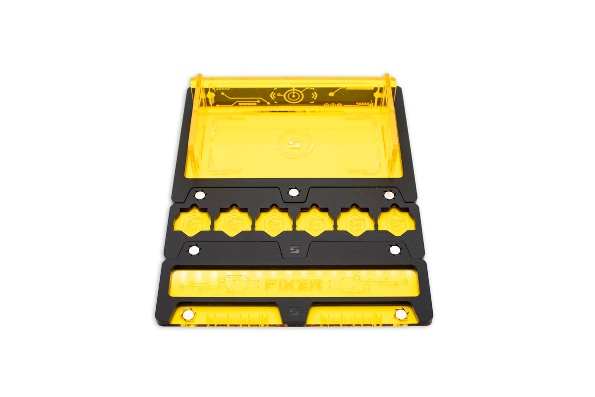Cyberpunk TCG Fixer Dice Tray – Modular Magnetic Holders (Matte Black, Yellow Acrylic)