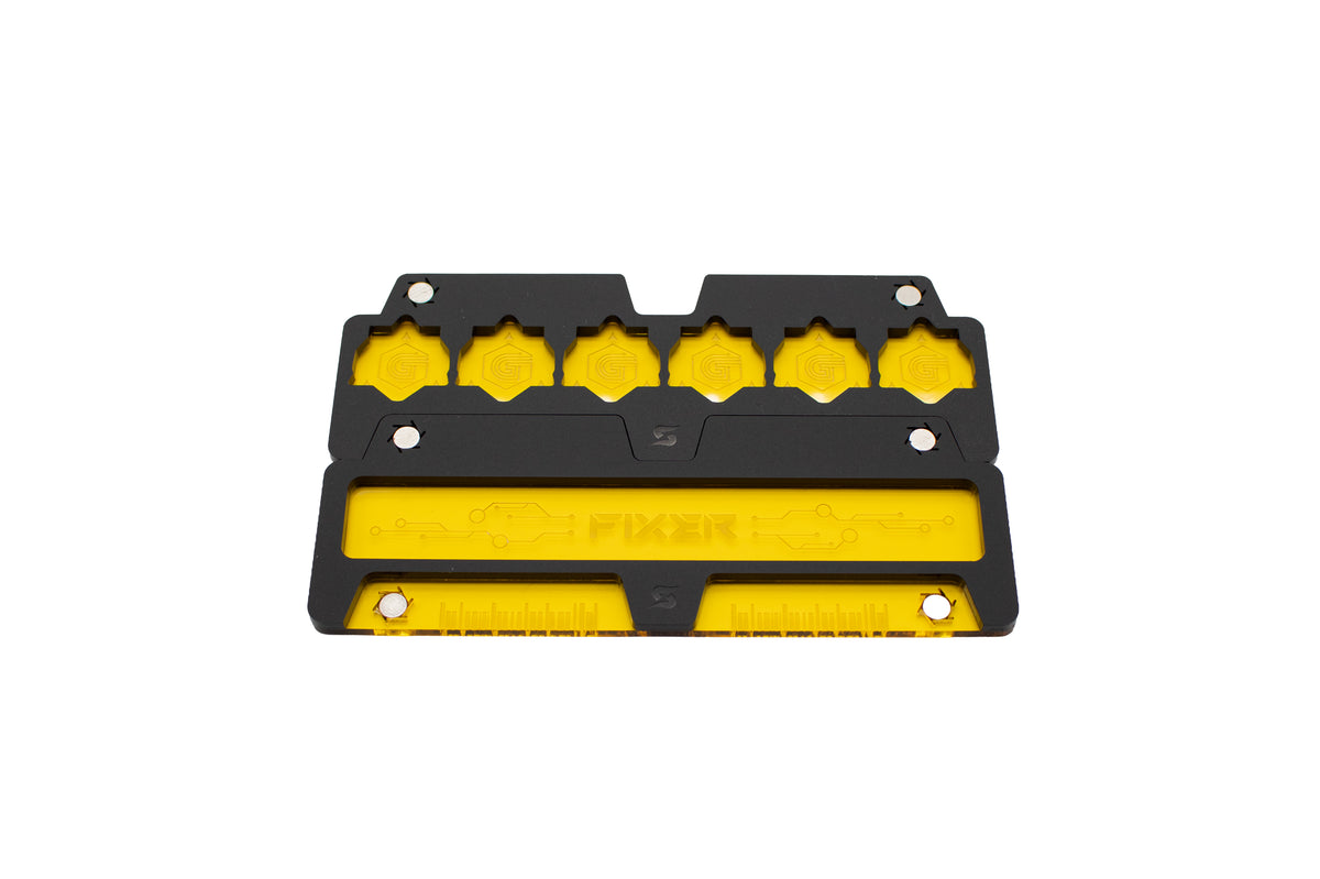 Cyberpunk TCG Fixer Dice Tray – Modular Magnetic Holders (Matte Black, Yellow Acrylic)
