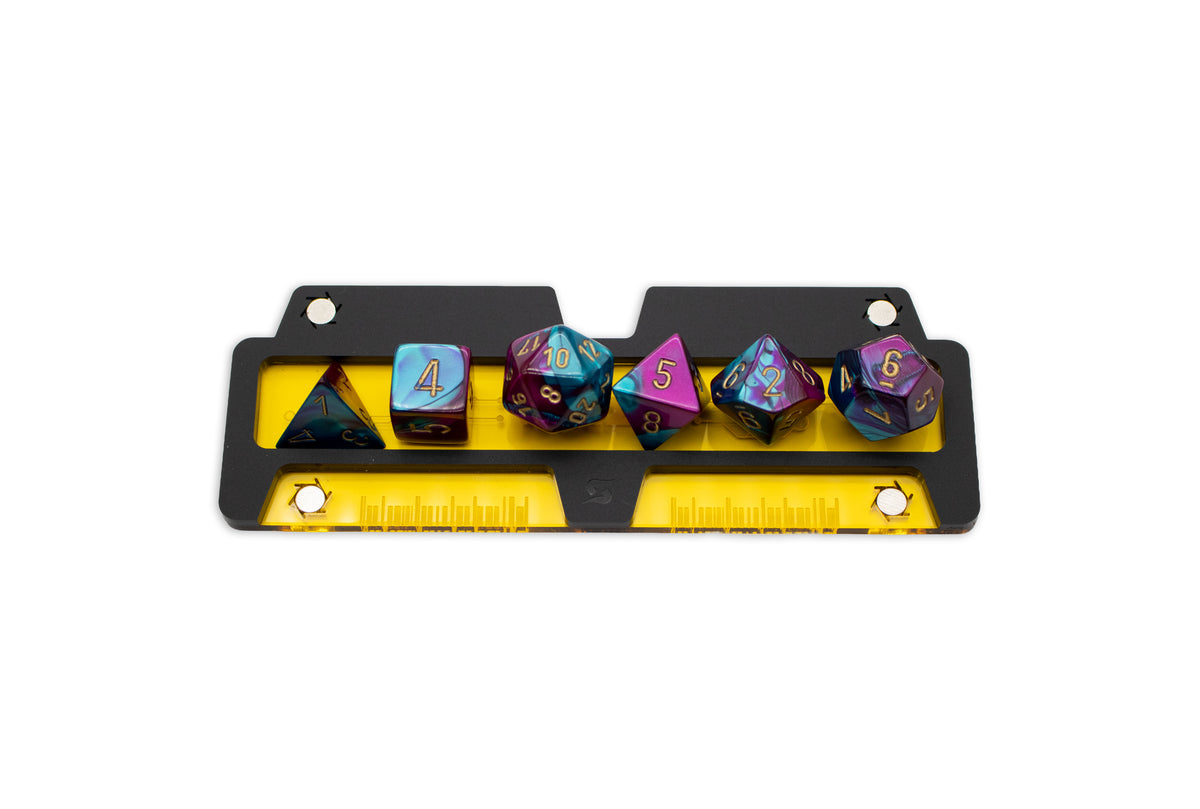Cyberpunk TCG Fixer Dice Tray – Modular Magnetic Holders (Matte Black, Yellow Acrylic)