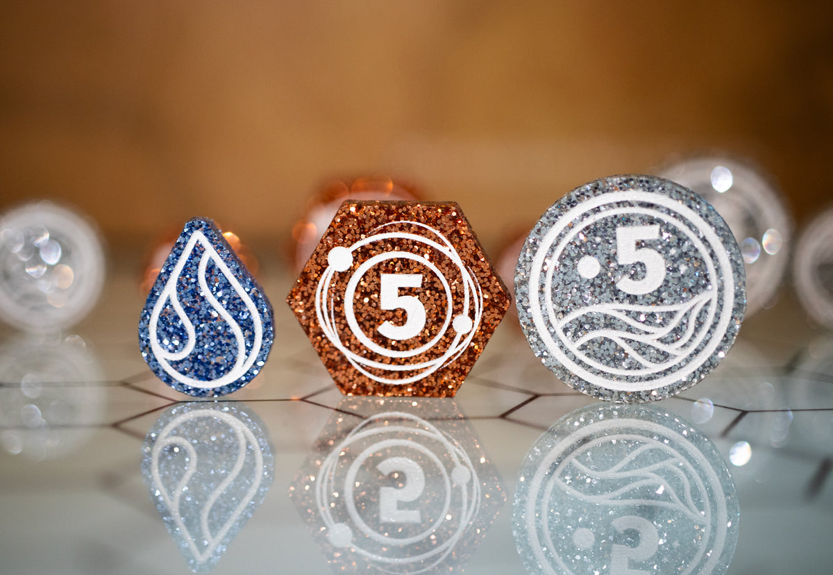Dune: Imperium/Uprising compatible - Spice, Solari, and Water Tokens | Glitter Acrylic – Single-Sided