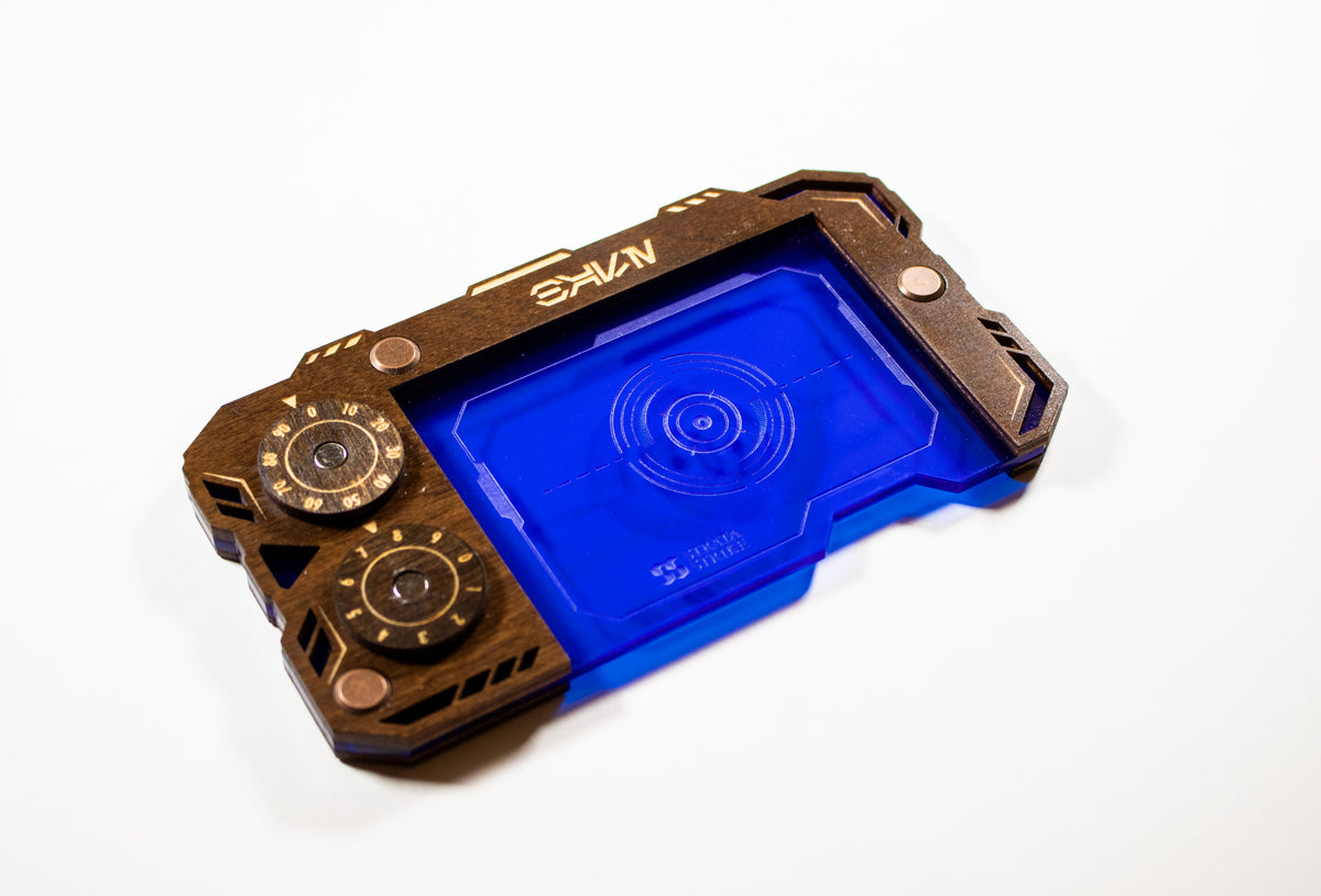 Star Wars Unlimited Base Holder: Kona Wood and Blue Acrylic Tray with Magnetic Dials