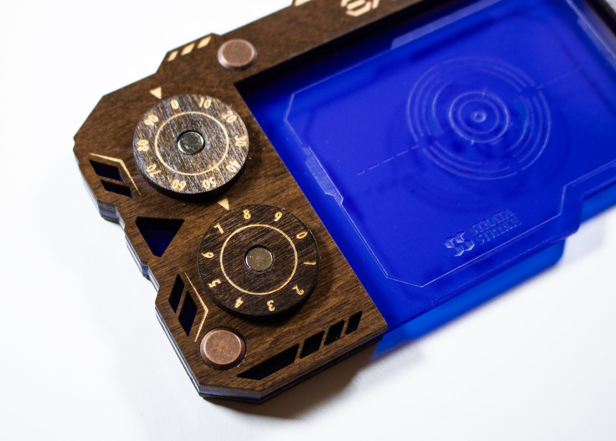 Star Wars Unlimited Base Holder: Kona Wood and Blue Acrylic Tray with Magnetic Dials