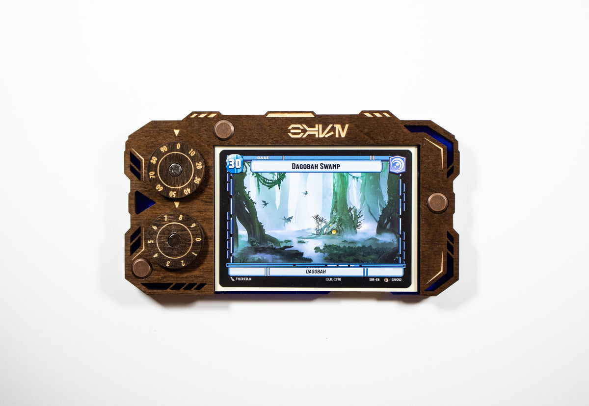 Star Wars Unlimited Base Holder: Kona Wood and Blue Acrylic Tray with Magnetic Dials