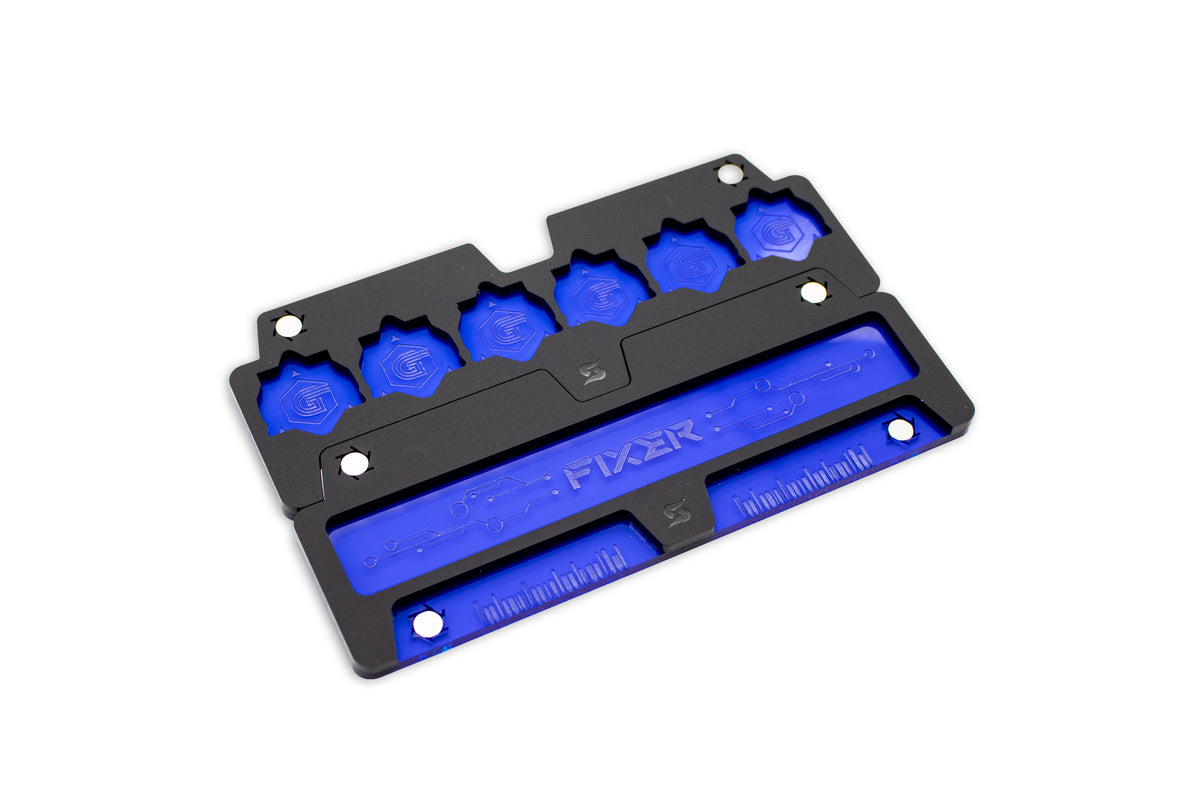 Cyberpunk TCG Fixer and Gig Dice Tray – Modular Magnetic Holders (Matte Black, Blue Acrylic)