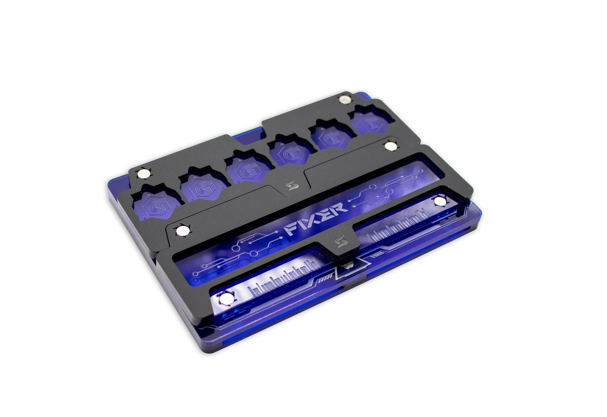 Cyberpunk TCG Fixer and Gig Dice Tray – Modular Magnetic Holders (Matte Black, Blue Acrylic)