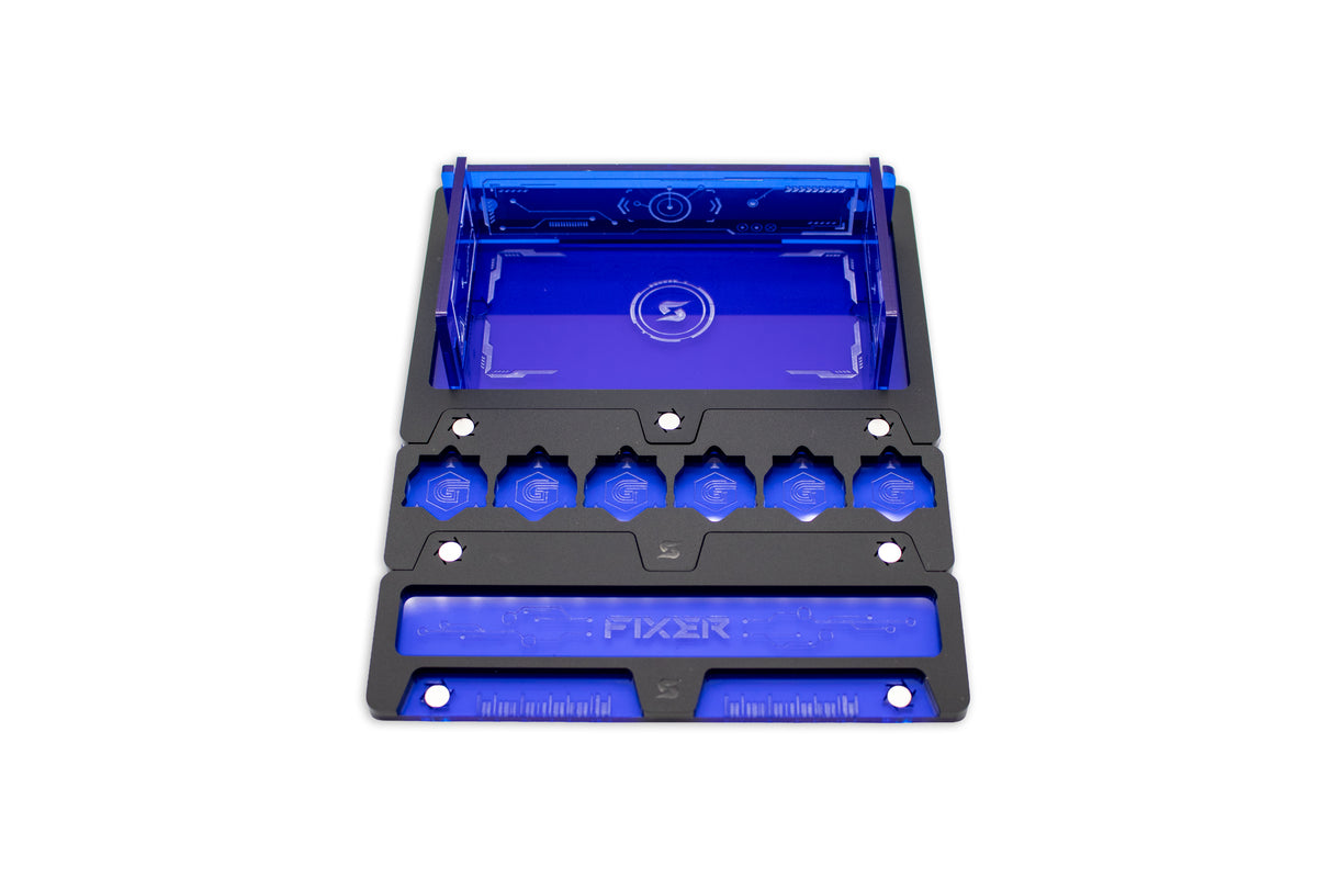 Cyberpunk TCG Fixer and Gig Dice Tray – Modular Magnetic Holders (Matte Black, Blue Acrylic)