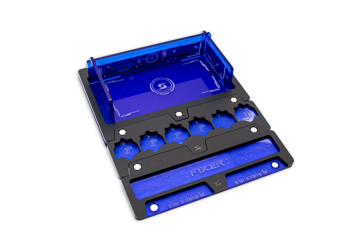 Cyberpunk TCG Fixer and Gig Dice Tray – Modular Magnetic Holders (Matte Black, Blue Acrylic)