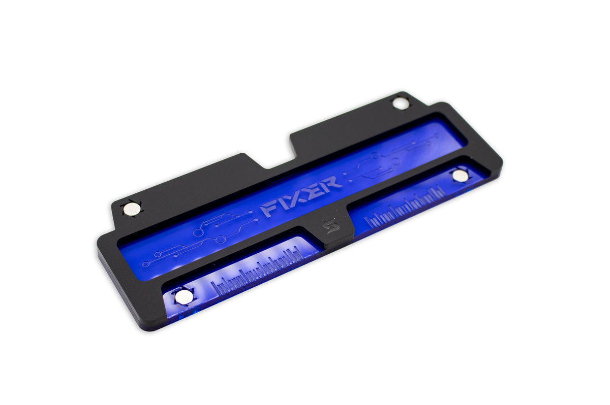 Cyberpunk TCG Fixer and Gig Dice Tray – Modular Magnetic Holders (Matte Black, Blue Acrylic)