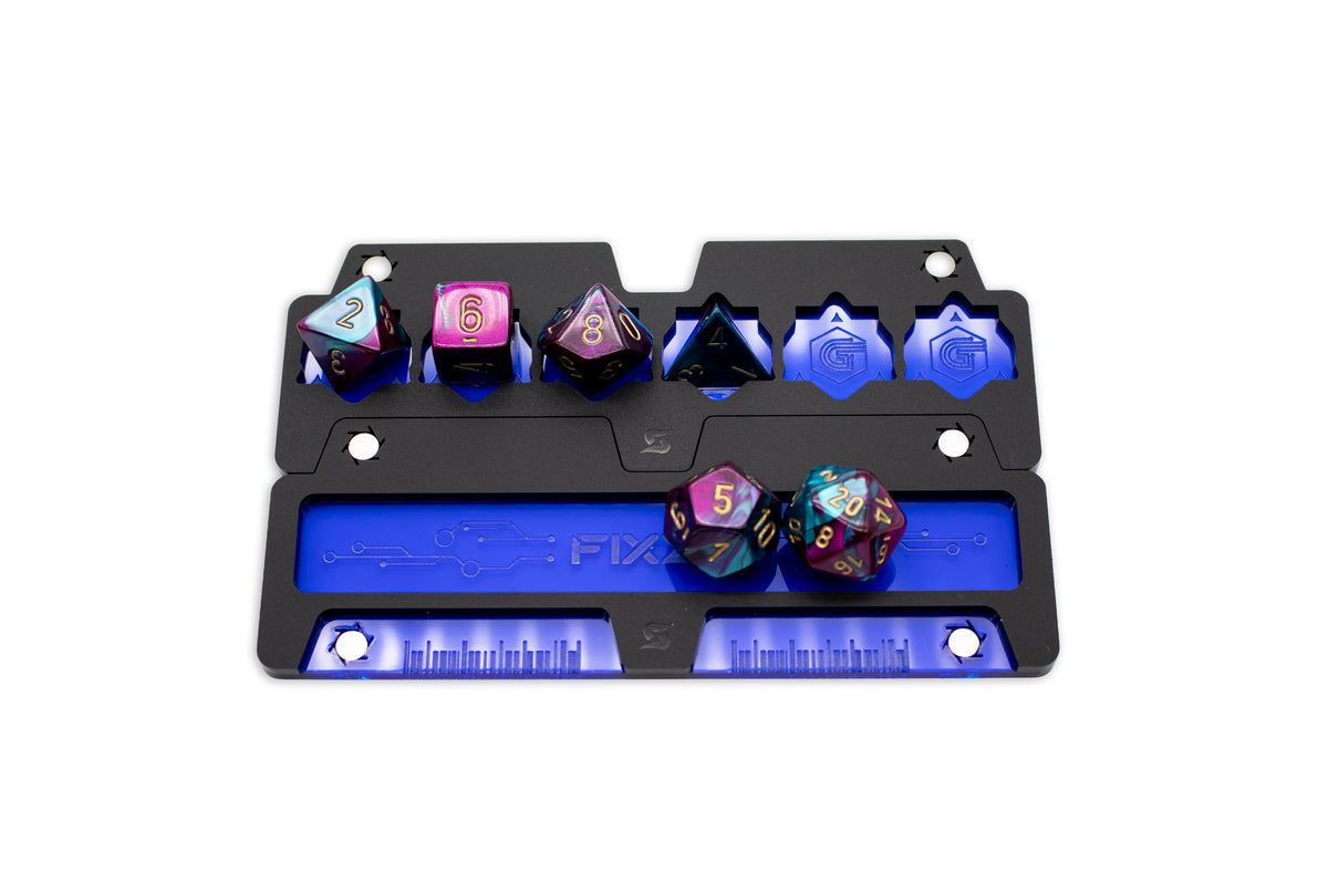Cyberpunk TCG Fixer and Gig Dice Tray – Modular Magnetic Holders (Matte Black, Blue Acrylic)