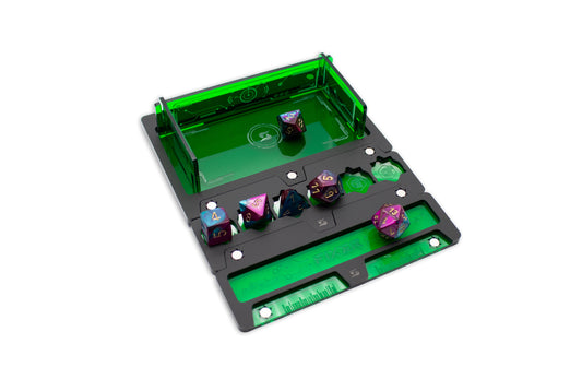Cyberpunk TCG Fixer and Gig Dice Tray – Modular Magnetic Holders (Matte Black, Green Acrylic)
