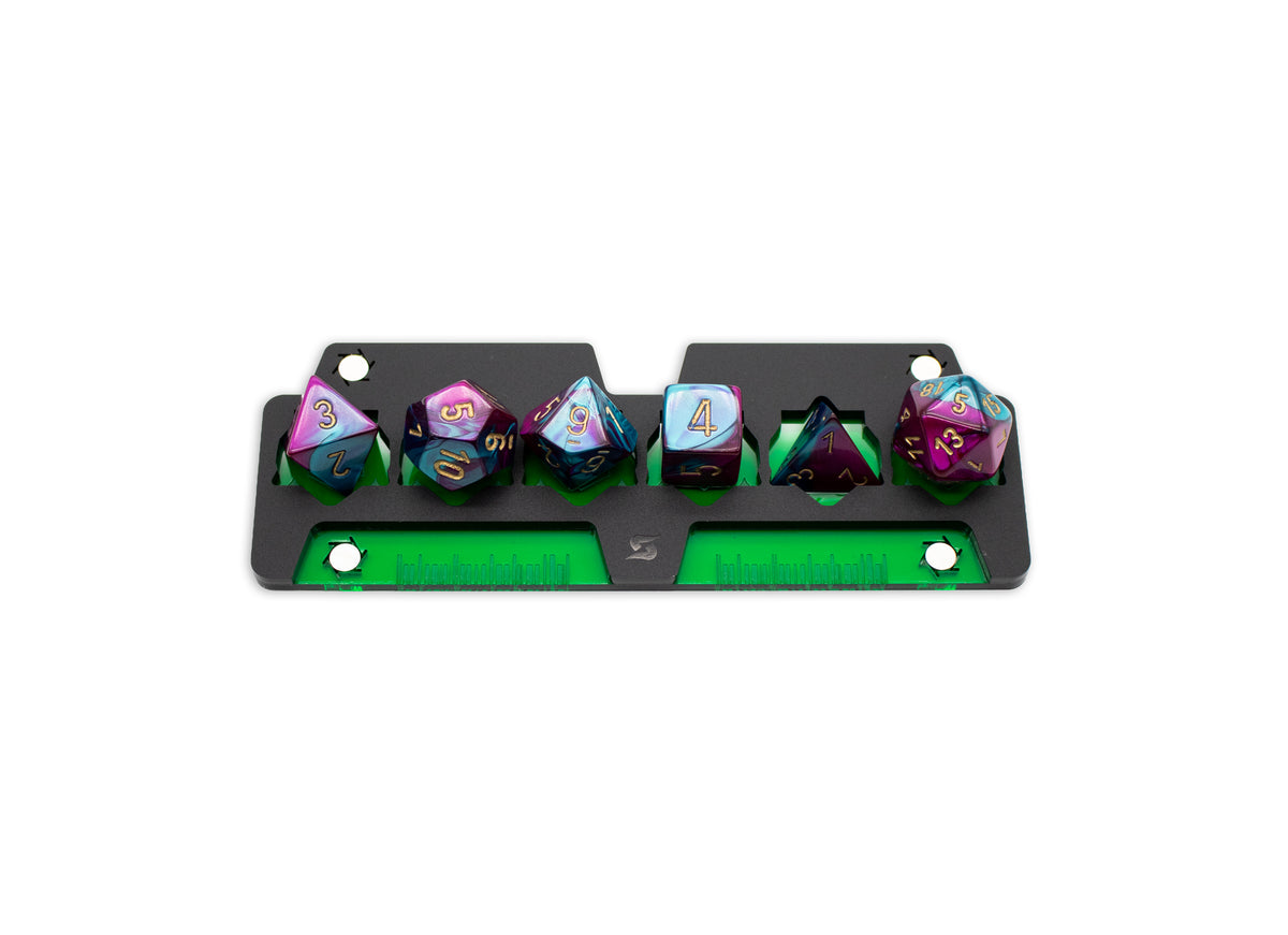 Cyberpunk TCG Gig Dice Tray – Modular Magnetic Holders (Matte Black, Green Acrylic)