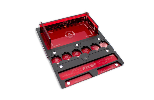 Cyberpunk TCG Fixer and Gig Dice Tray – Modular Magnetic Holders (Matte Black, Red Acrylic)