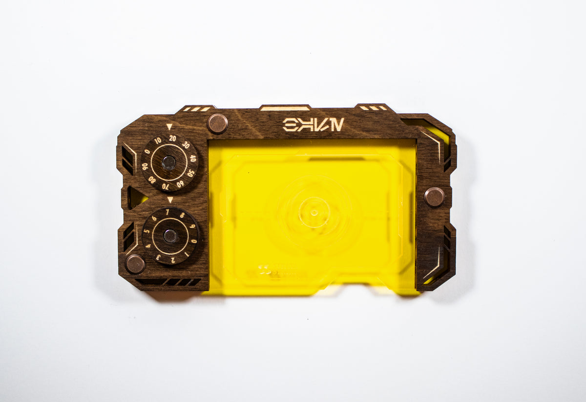 Star Wars Unlimited Base Holder - Kona Wood and Yellow Acrylic Tray with Magnetic Dials