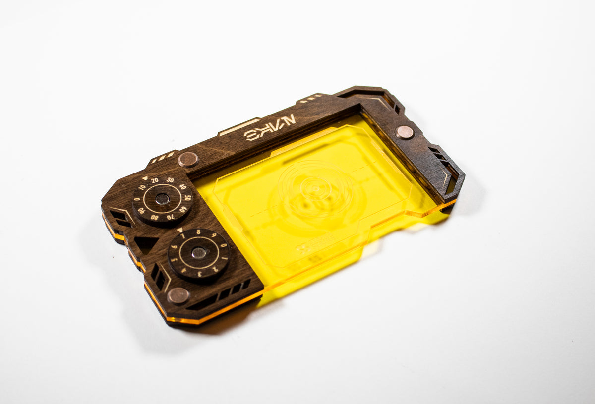 Star Wars Unlimited Base Holder - Kona Wood and Yellow Acrylic Tray with Magnetic Dials