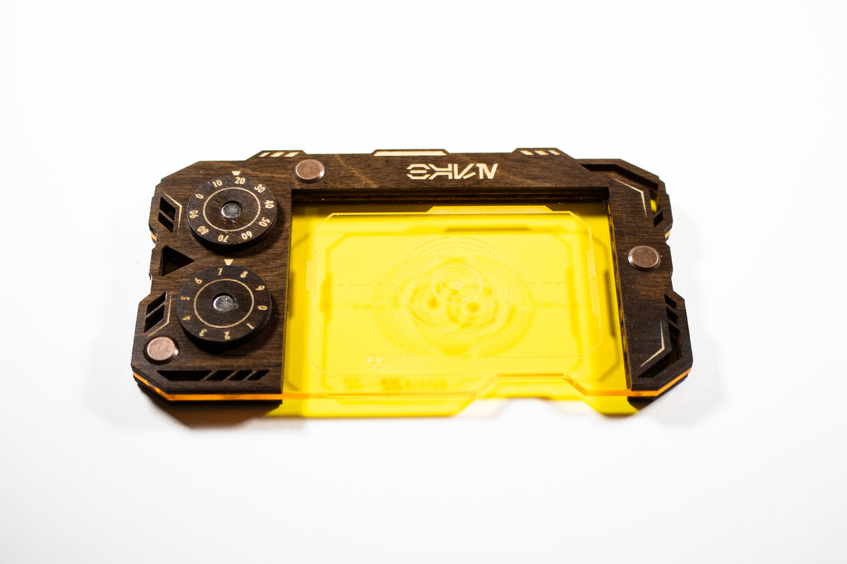 Star Wars Unlimited Base Holder - Kona Wood and Yellow Acrylic Tray with Magnetic Dials