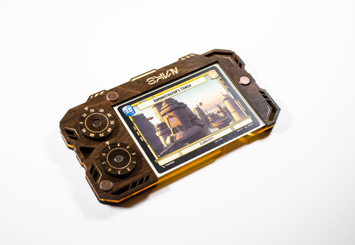 Star Wars Unlimited Base Holder - Kona Wood and Yellow Acrylic Tray with Magnetic Dials