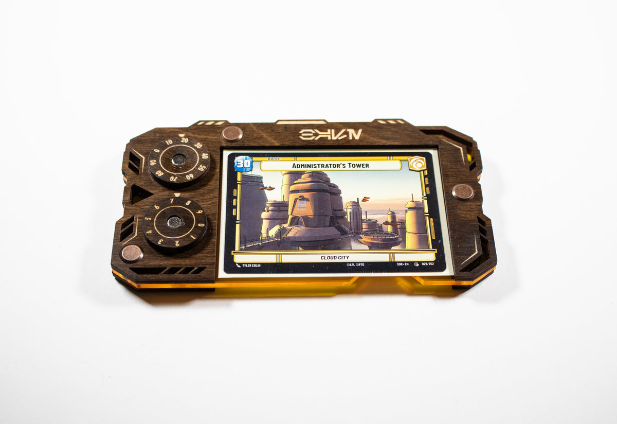 Star Wars Unlimited Base Holder - Kona Wood and Yellow Acrylic Tray with Magnetic Dials