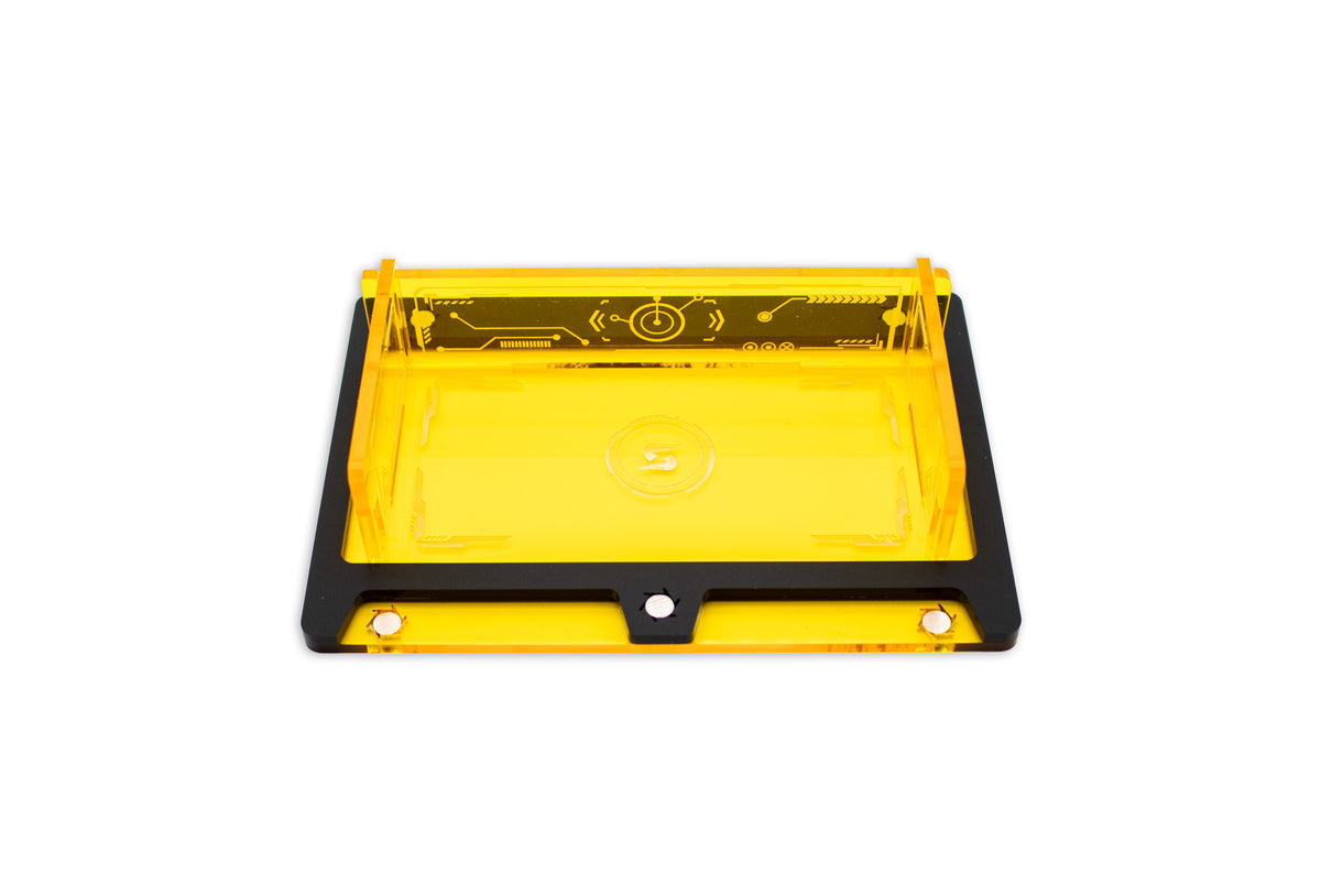 Cyberpunk TCG Fixer Dice Tray – Modular Magnetic Holders (Matte Black, Yellow Acrylic)