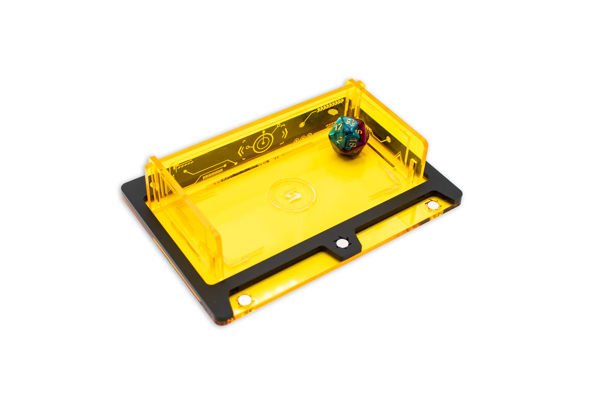 Cyberpunk TCG Fixer Dice Tray – Modular Magnetic Holders (Matte Black, Yellow Acrylic)