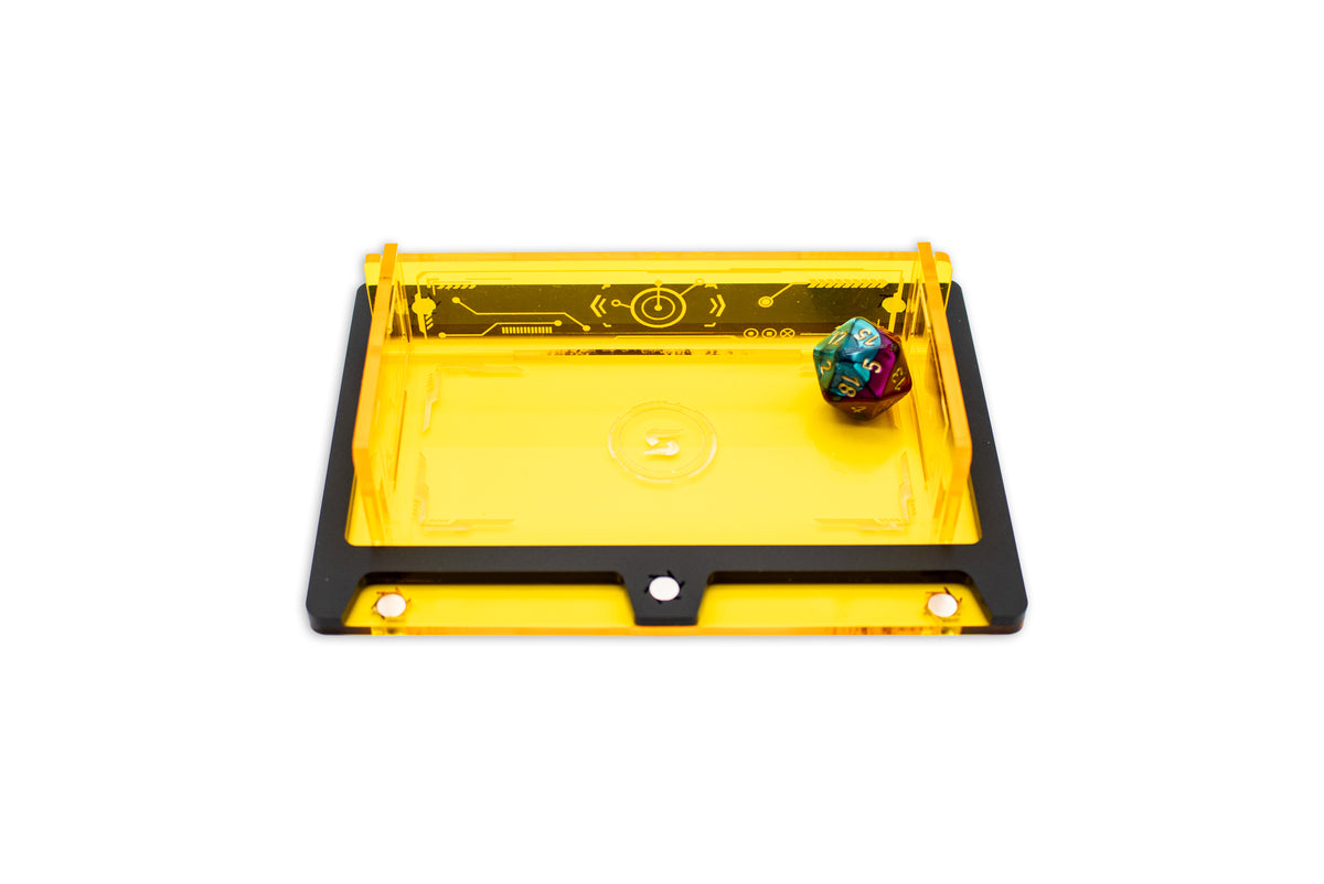 Cyberpunk TCG Fixer Dice Tray – Modular Magnetic Holders (Matte Black, Yellow Acrylic)