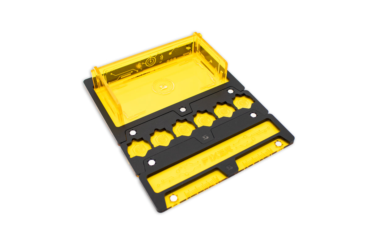 Cyberpunk TCG Fixer Dice Tray – Modular Magnetic Holders (Matte Black, Yellow Acrylic)