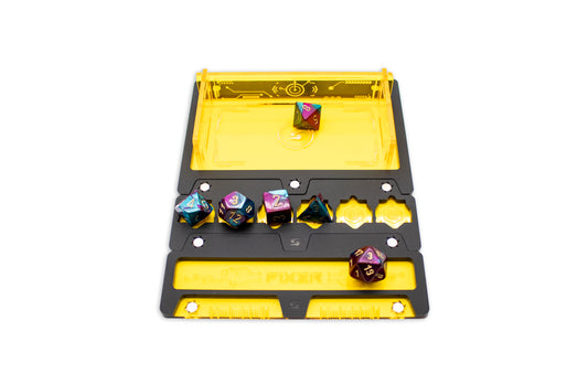 Cyberpunk TCG Fixer Dice Tray – Modular Magnetic Holders (Matte Black, Yellow Acrylic)