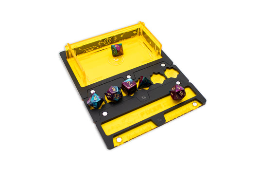 Cyberpunk TCG Fixer Dice Tray – Modular Magnetic Holders (Matte Black, Yellow Acrylic)