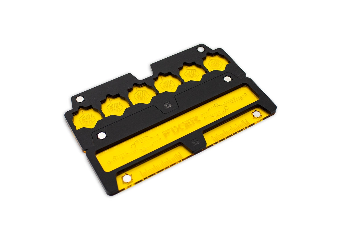 Cyberpunk TCG Fixer Dice Tray – Modular Magnetic Holders (Matte Black, Yellow Acrylic)