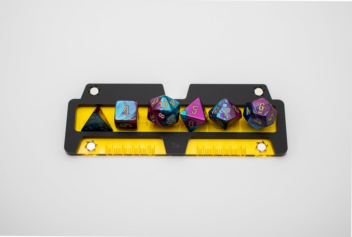 Cyberpunk TCG Fixer Dice Tray – Modular Magnetic Holders (Matte Black, Yellow Acrylic)