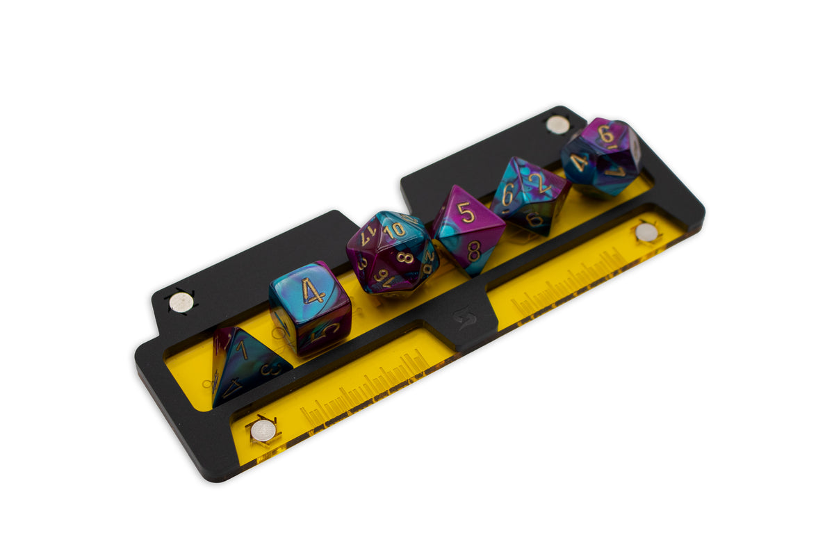 Cyberpunk TCG Fixer Dice Tray – Modular Magnetic Holders (Matte Black, Yellow Acrylic)